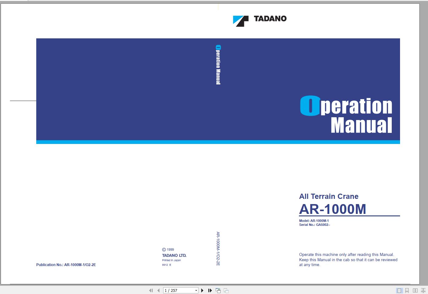 Tadano All Terrain Crane AR 1000M 1 GA5002 Operation Manual 1