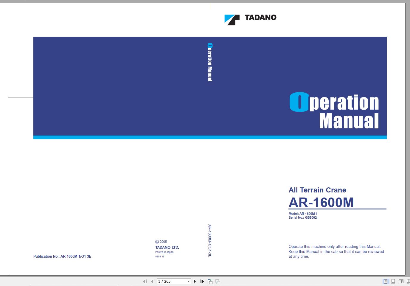 Tadano All Terrain Crane AR 1600M 1 GB5002 Operation Manual 1