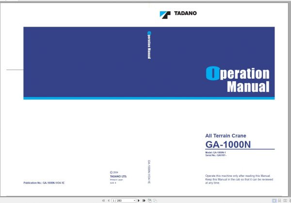 Tadano All Terrain Crane GA 1000N 1 GA5187 Operation Manual 1
