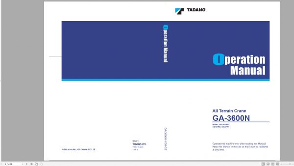 Tadano All Terrain Crane GA 3600N 1 GA3600N 1 GE5001 Circuit Diagram Operation Part Catalog Service Manual 2