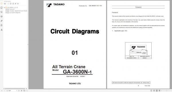 Tadano All Terrain Crane GA 3600N 1 GA3600N 1 GE5001 Circuit Diagram Operation Part Catalog Service Manual 4