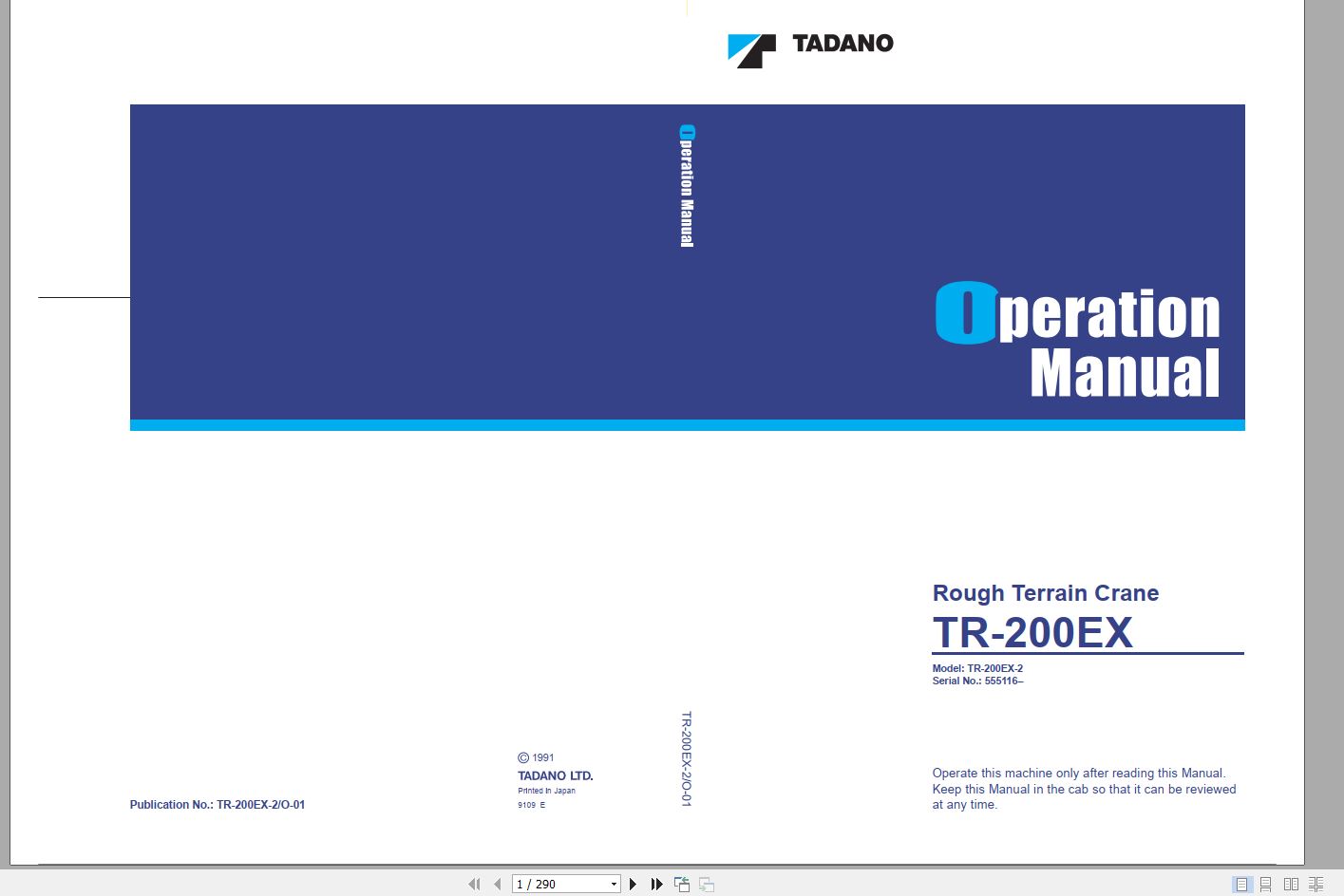 Tadano Hydraulic Rough Terrain Crane TR 200EX 2 555116 Operation Manual 1 1