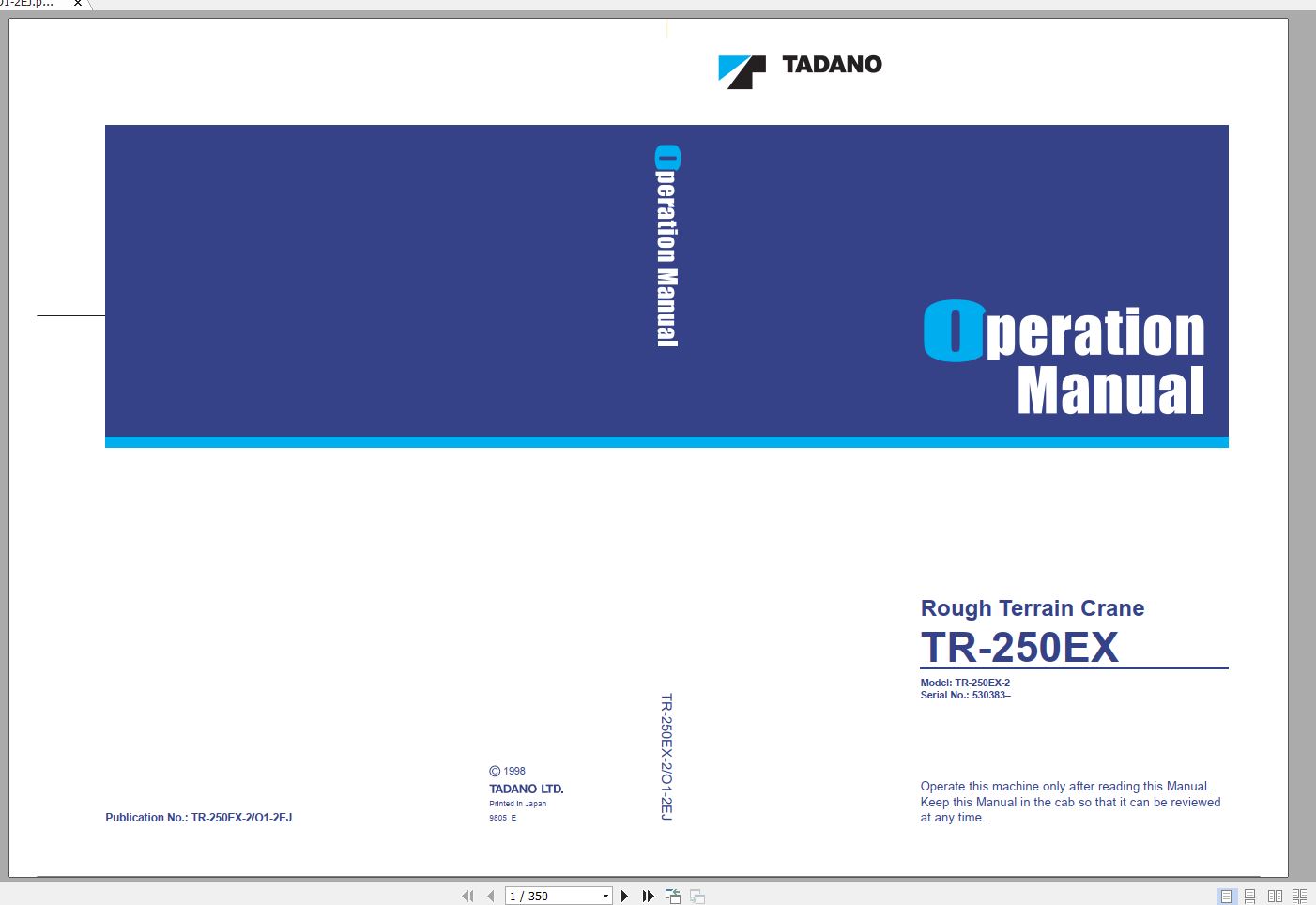 Tadano Hydraulic Rough Terrain Crane TR 250EX 2 530383 Operation Manual 1
