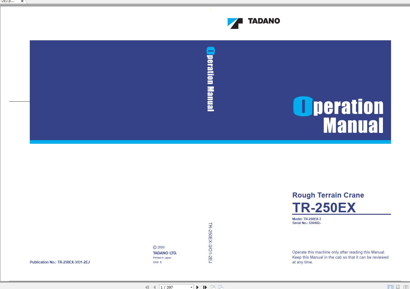 Tadano Hydraulic Rough Terrain Crane TR 250EX 3 530492 Operation Manual 1