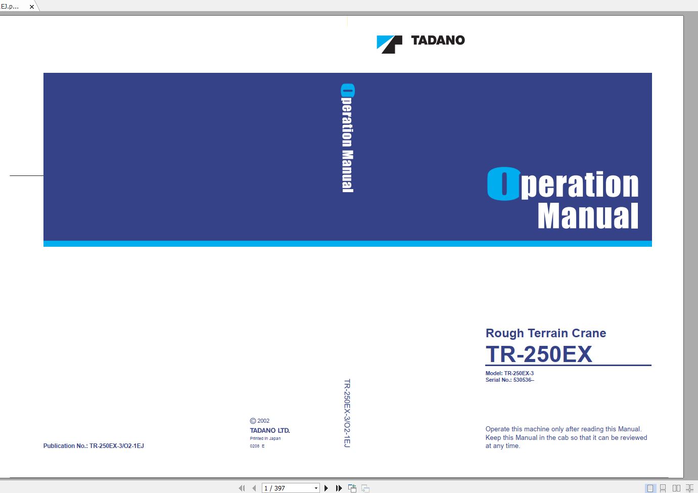 Tadano Hydraulic Rough Terrain Crane TR 250EX 3 530536 Operation Manual 1