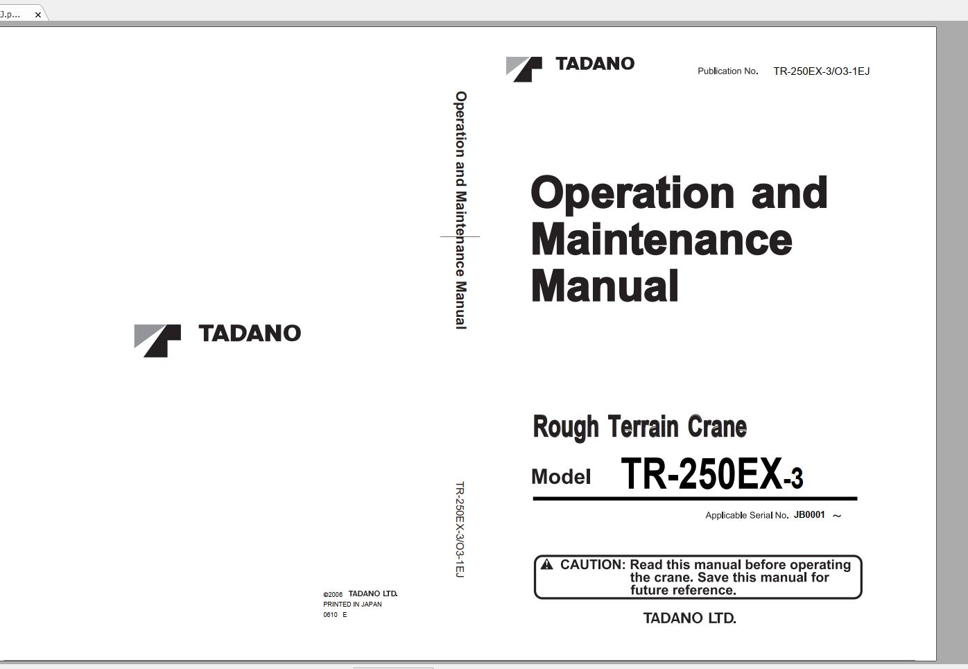 Tadano Hydraulic Rough Terrain Crane TR 250EX 3 JB0001 Operation Manual 1