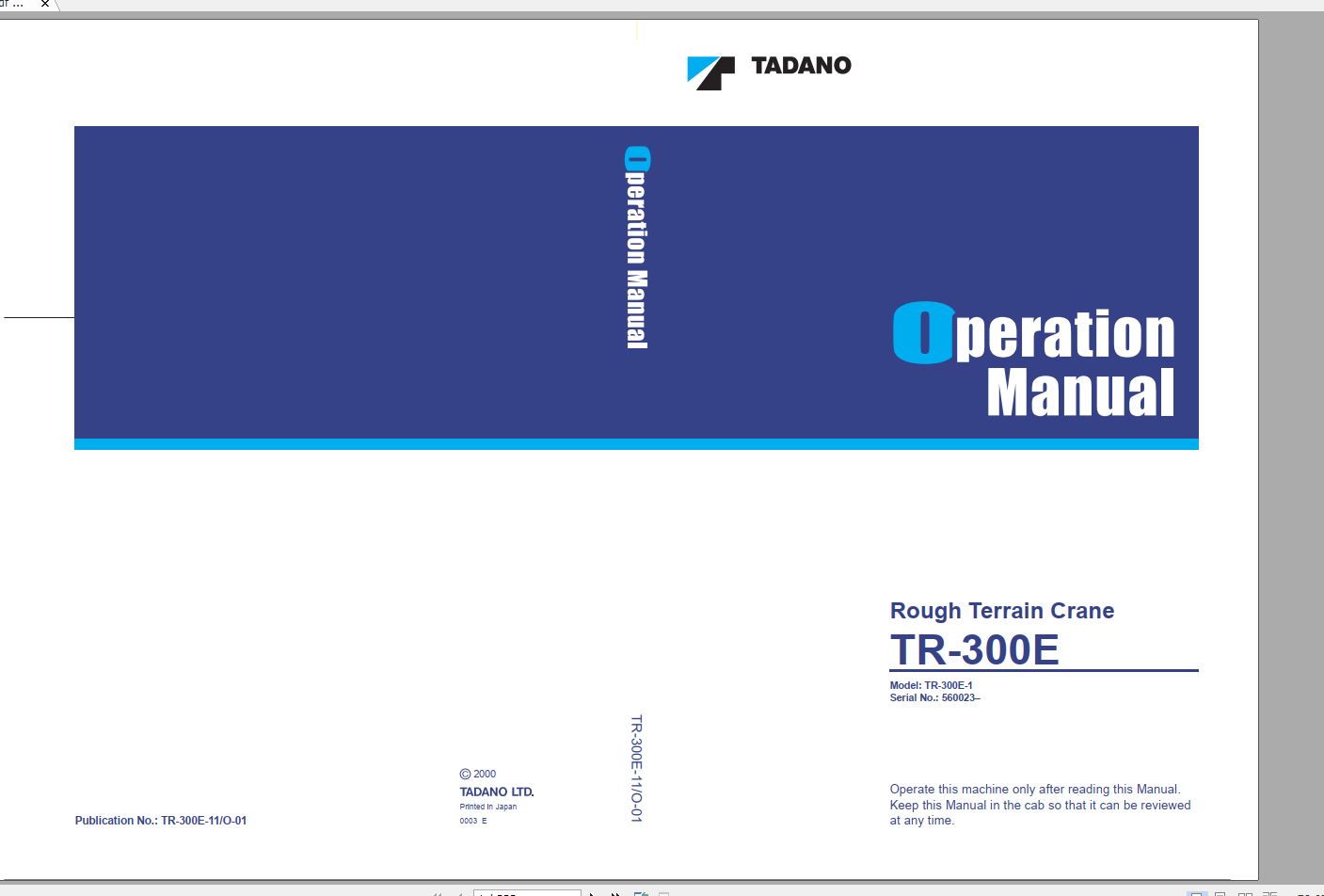 Tadano Hydraulic Rough Terrain Crane TR 300E 1 560023 Operation Manual 20 1