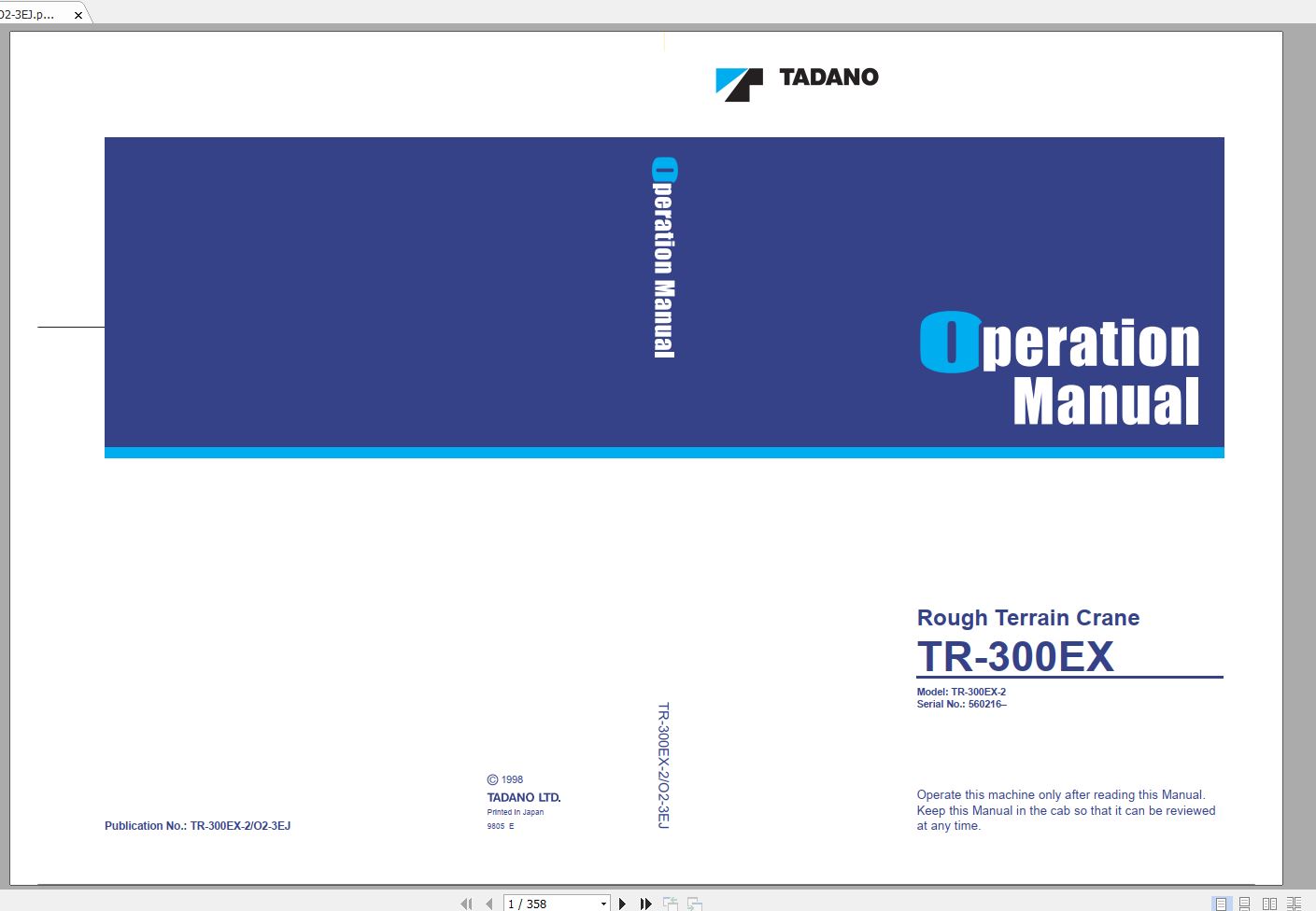 Tadano Hydraulic Rough Terrain Crane TR 300EX 2 560216 Operation Manual 1