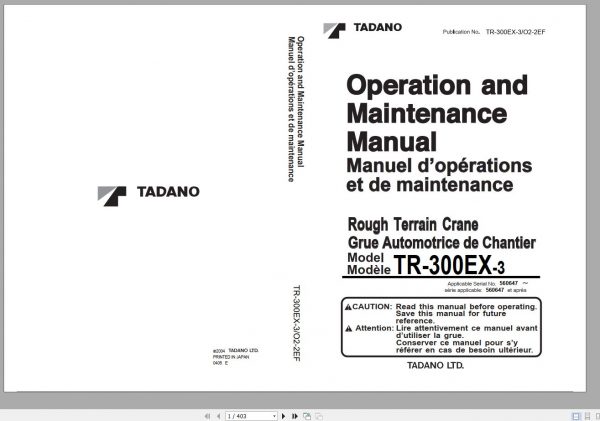 Tadano Hydraulic Rough Terrain Crane TR 300EX 3 560647 Operation Manual 1 1