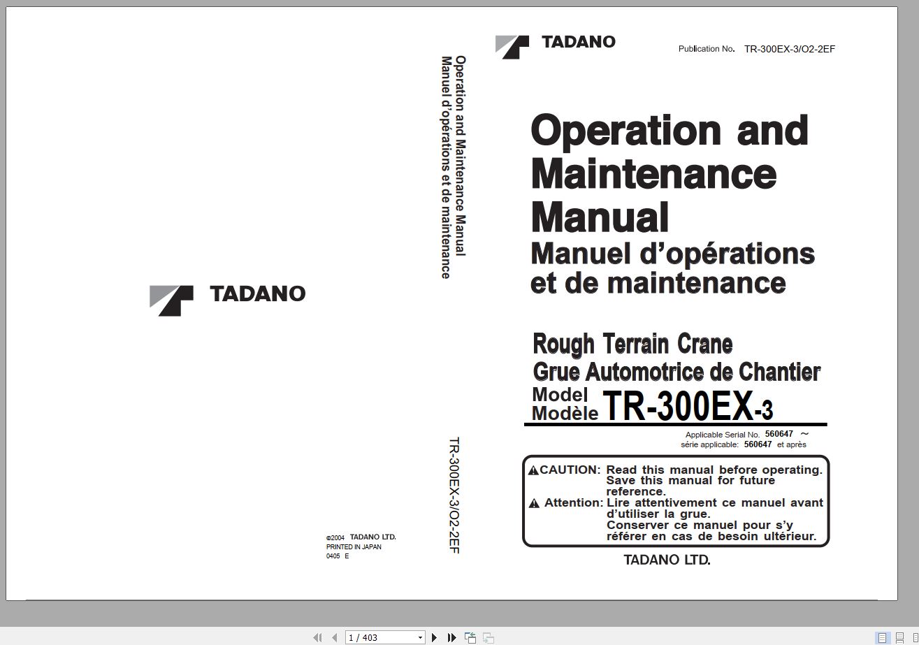 Tadano Hydraulic Rough Terrain Crane TR 300EX 3 560647 Operation Manual 1 1