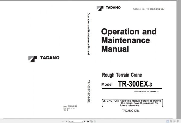 Tadano Hydraulic Rough Terrain Crane TR 300EX 3 560647 Operation Manual 1