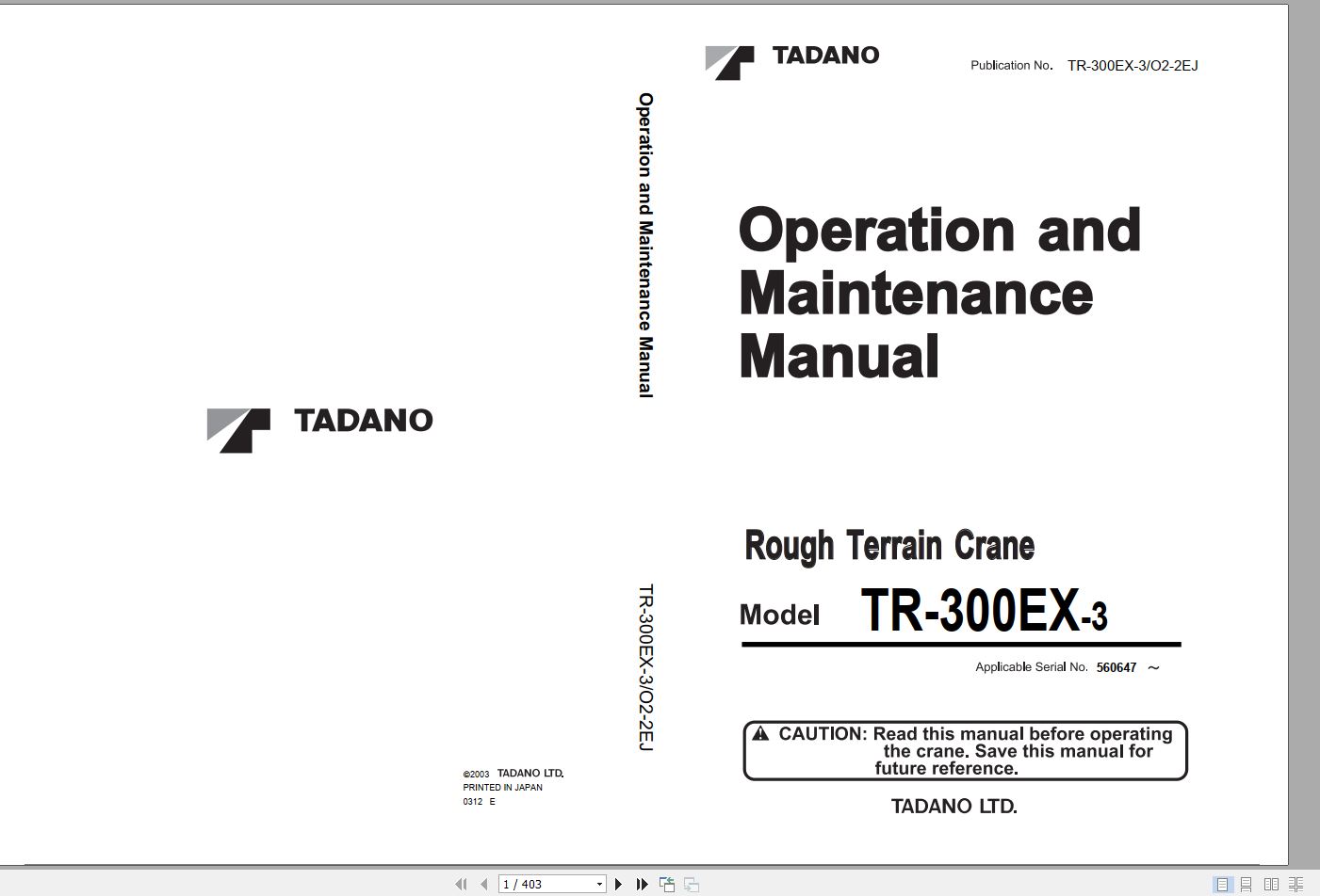Tadano Hydraulic Rough Terrain Crane TR 300EX 3 560647 Operation Manual 1