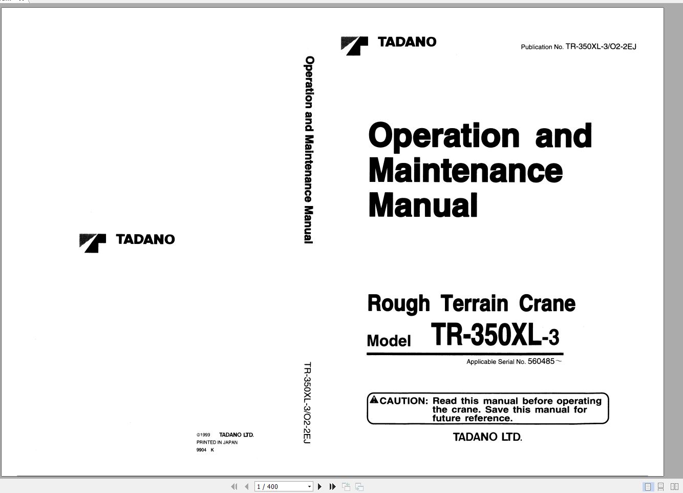 Tadano Hydraulic Rough Terrain Crane TR 350XL 3 560485 Operation Manual 1