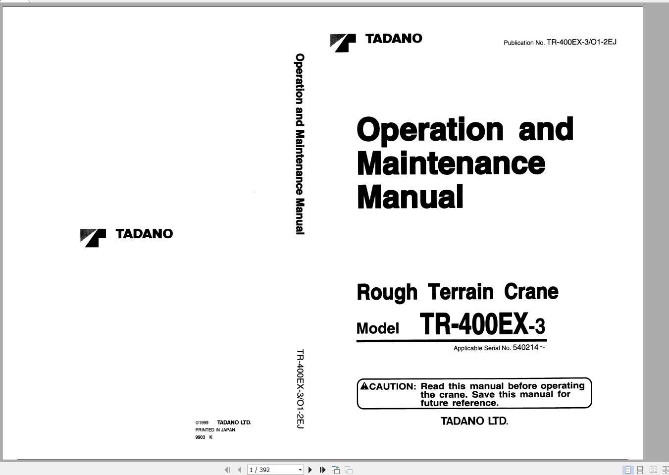 Tadano Hydraulic Rough Terrain Crane TR 400EX 3 540214 Operation Manual 1