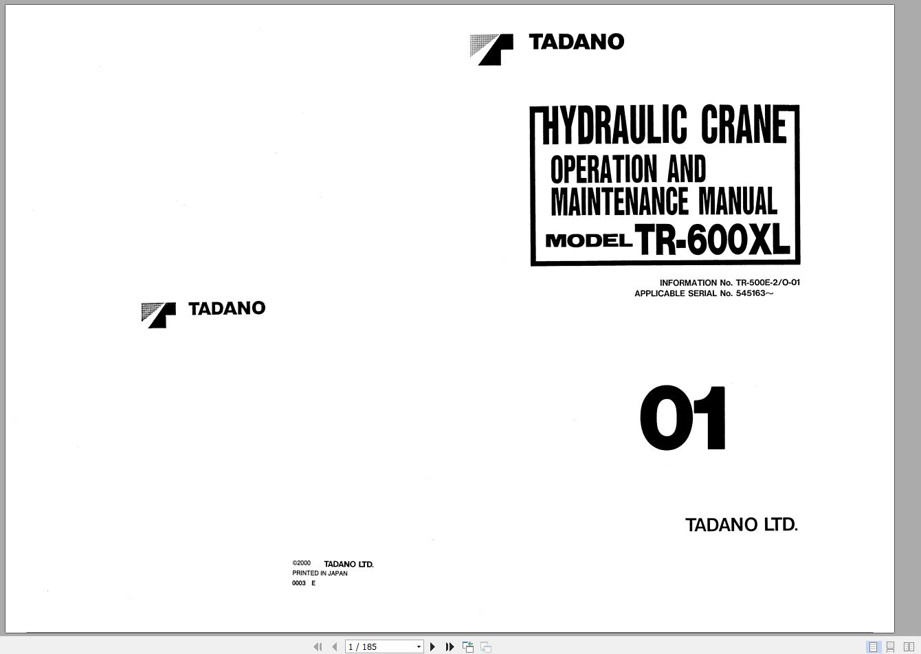 Tadano Hydraulic Rough Terrain Crane TR 500E 2 545163 Operation Manual 2000 1