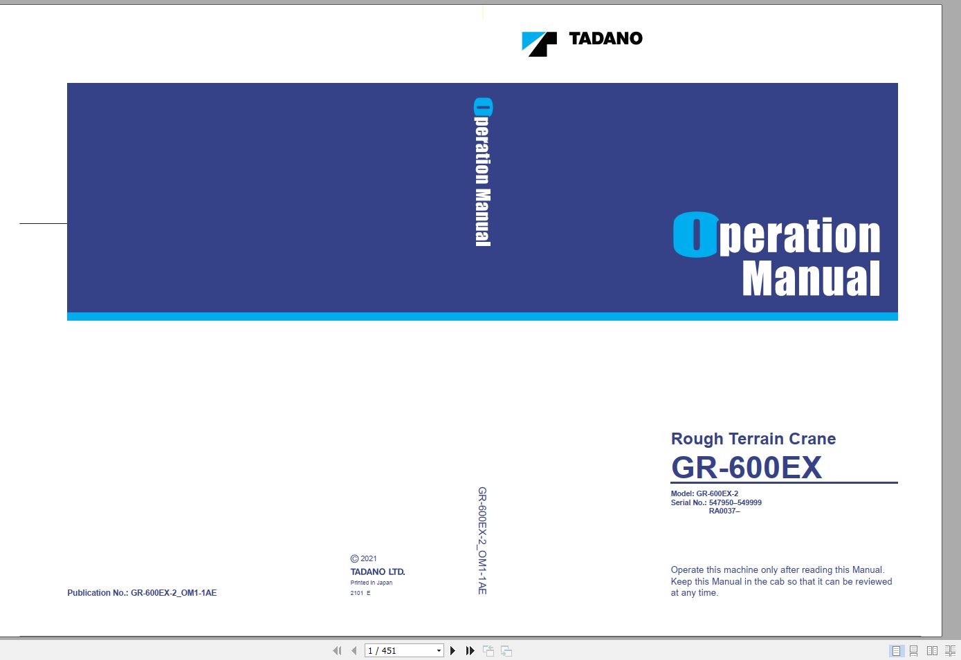 Tadano Rough Terrain Crane GR 600EX 2 547950 549999 Operation 1