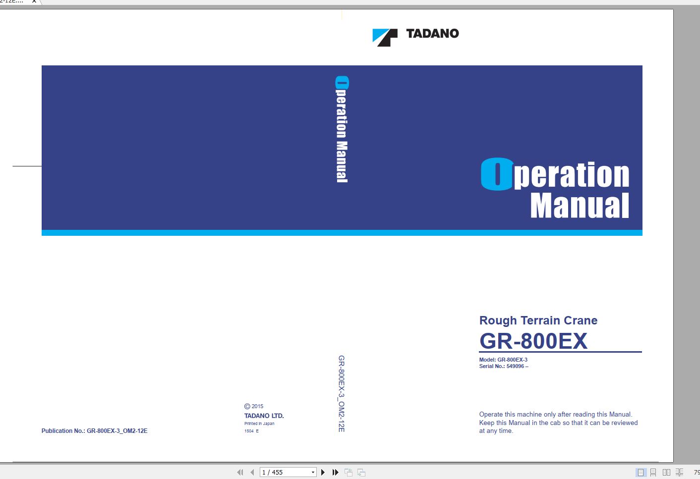 Tadano Rough Terrain Crane GR 800EX 3 549096 Operation Ma 1