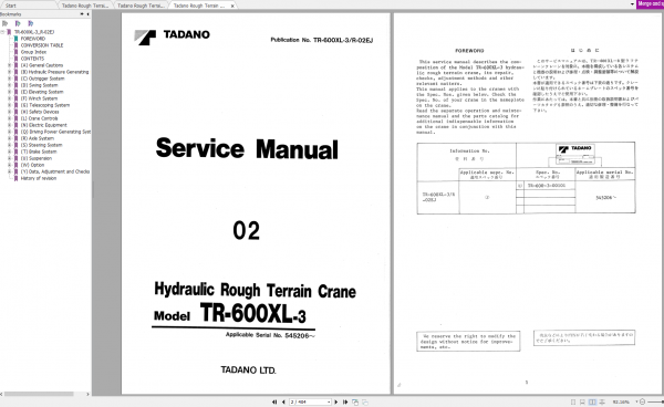 Tadano Rough Terrain Crane TR 600XL 3 S.N 545206 Service Manual 1