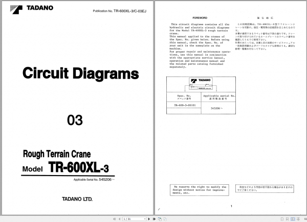 Tadano Rough Terrain Crane TR 600XL 3 S.N 545206 Service Manual 3