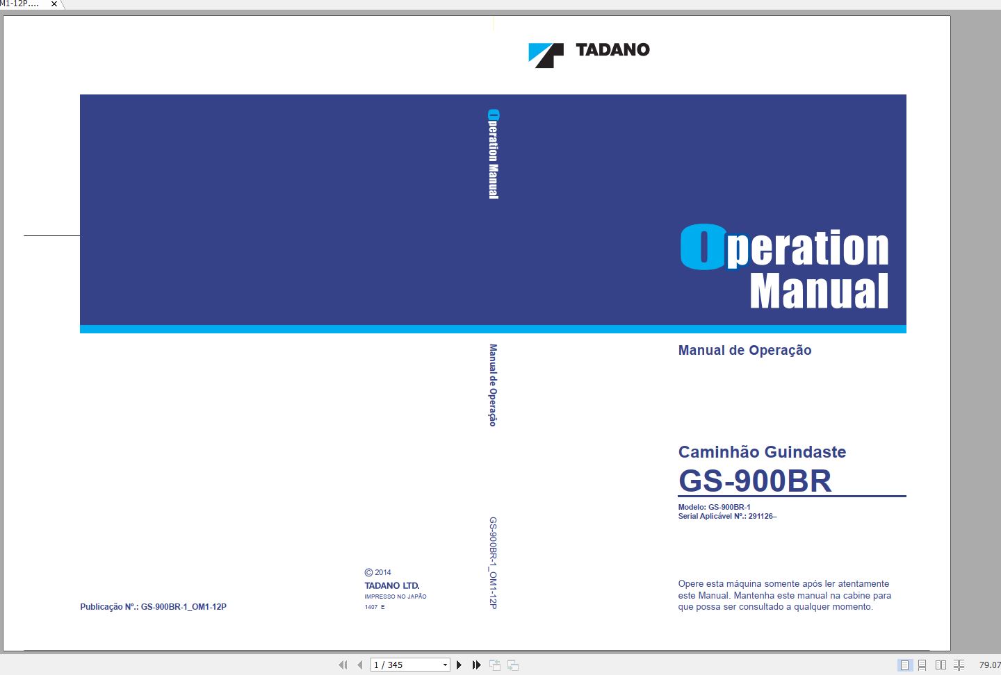 Tadano Truck Crane GS 900BR 1 291126 Operation Manual 2014 PT 1