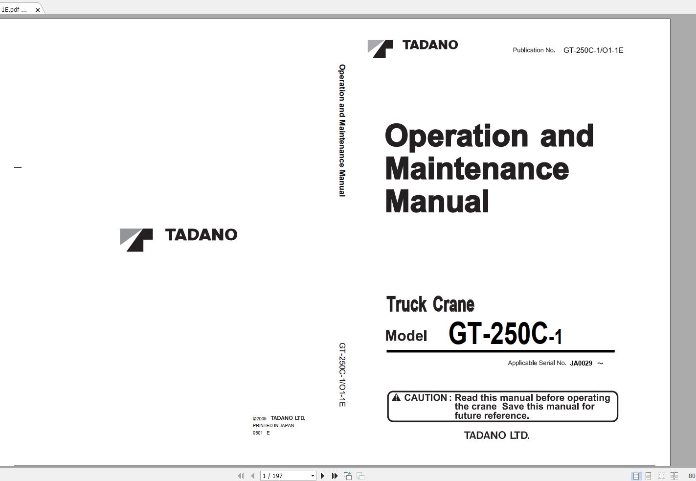 Tadano Truck Crane GT 250C 1 JA0029 Operation Manual 2005 EN 1