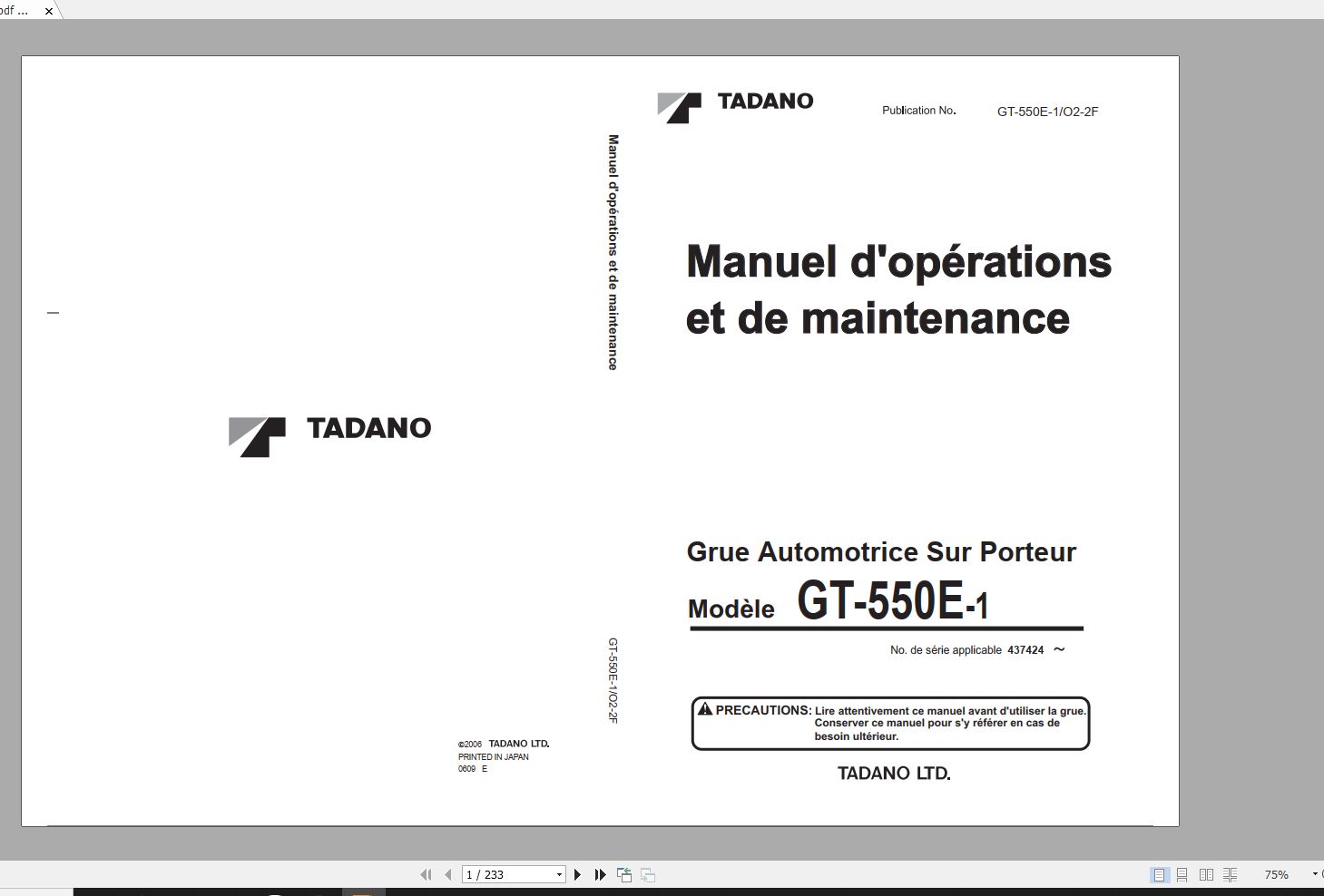 Tadano Truck Crane GT 550E 1 437424 Operation Manual 2006 FR 1