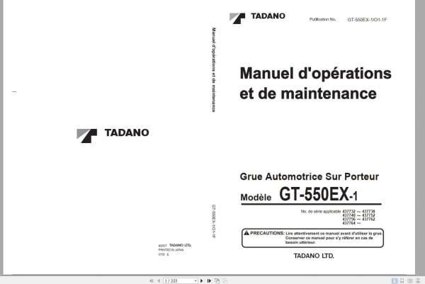 Tadano Truck Crane GT 550EX 1 437732 437764 Operation Manual 2007 FR 1
