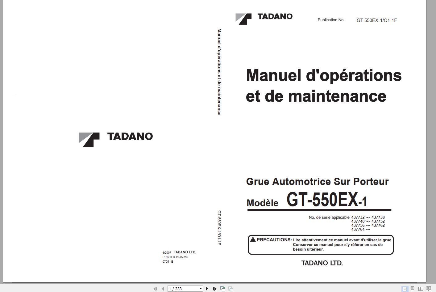 Tadano Truck Crane GT 550EX 1 437732 437764 Operation Manual 2007 FR 1