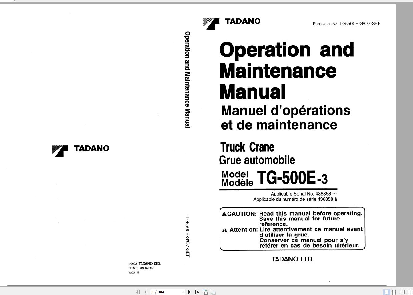 Tadano Truck Crane TG 500E 3 436858 Operation Manual 2002 EN FR 1