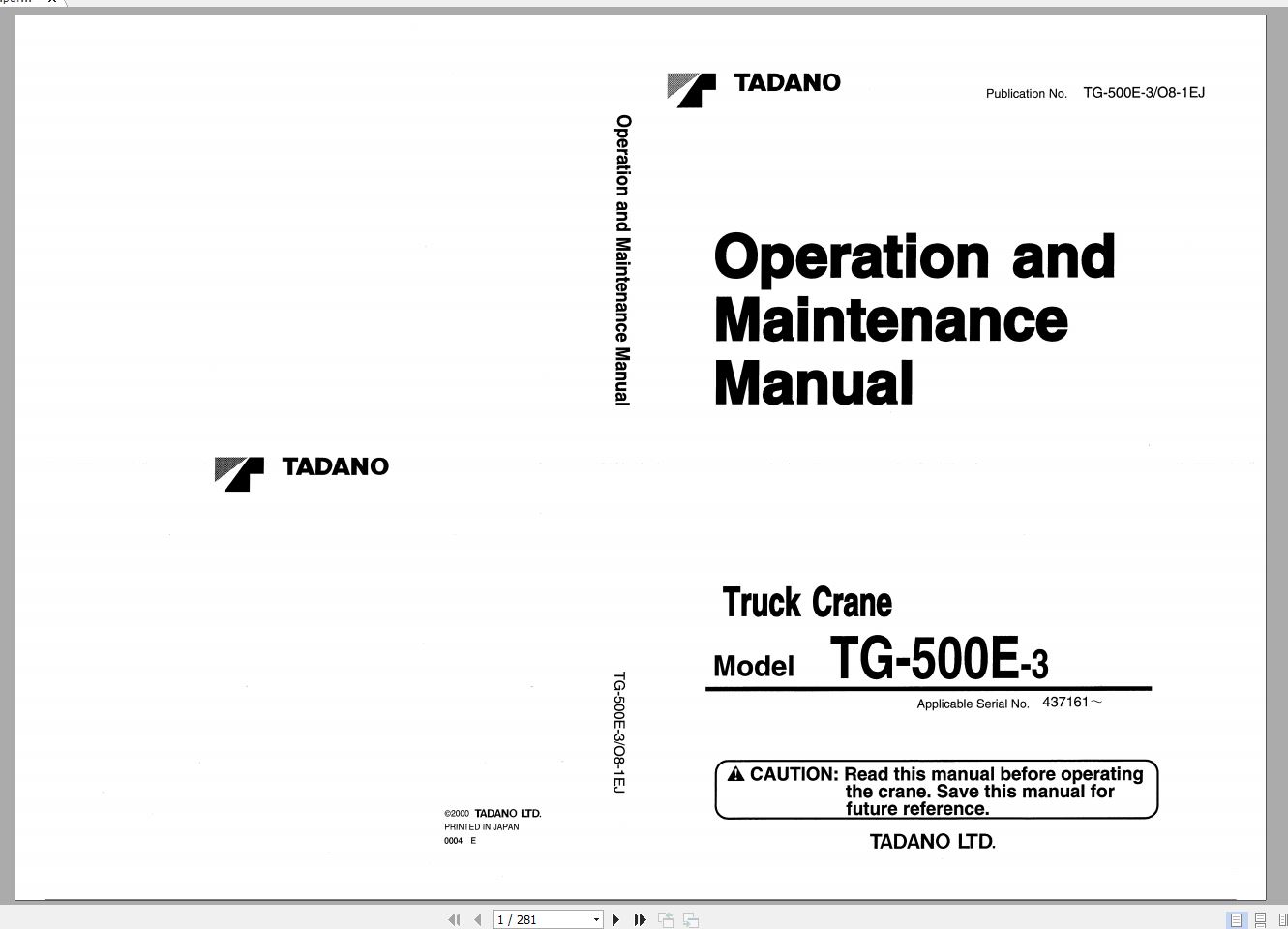 Tadano Truck Crane TG 500E 3 437161 Operation Manual 2000 EN JP 1