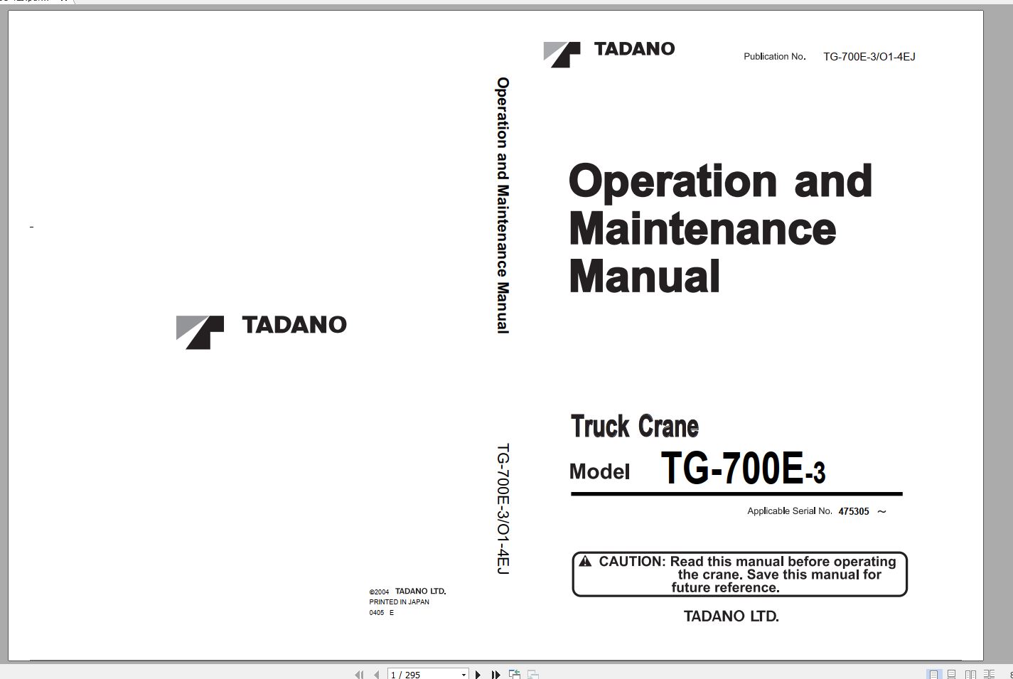 Tadano Truck Crane TG 700E 3 475305 Operation Manual 2004 EN JP 1
