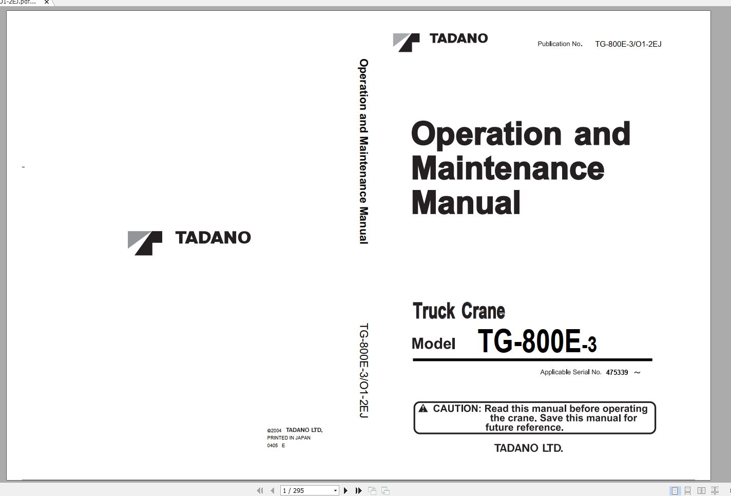 Tadano Truck Crane TG 800E 3 475339 Operation Manual 2004 EN JP 1