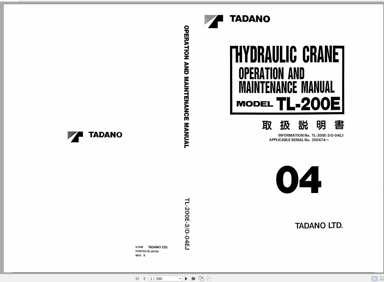 Tadano Truck Crane TL 200E 3 350474 Operation Manual 1998 EN JP 1