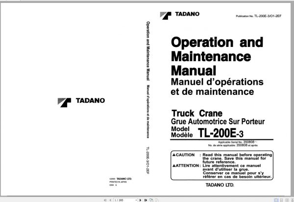 Tadano Truck Crane TL 200E 3 350808 Operation Manual 1999 EN FR 1