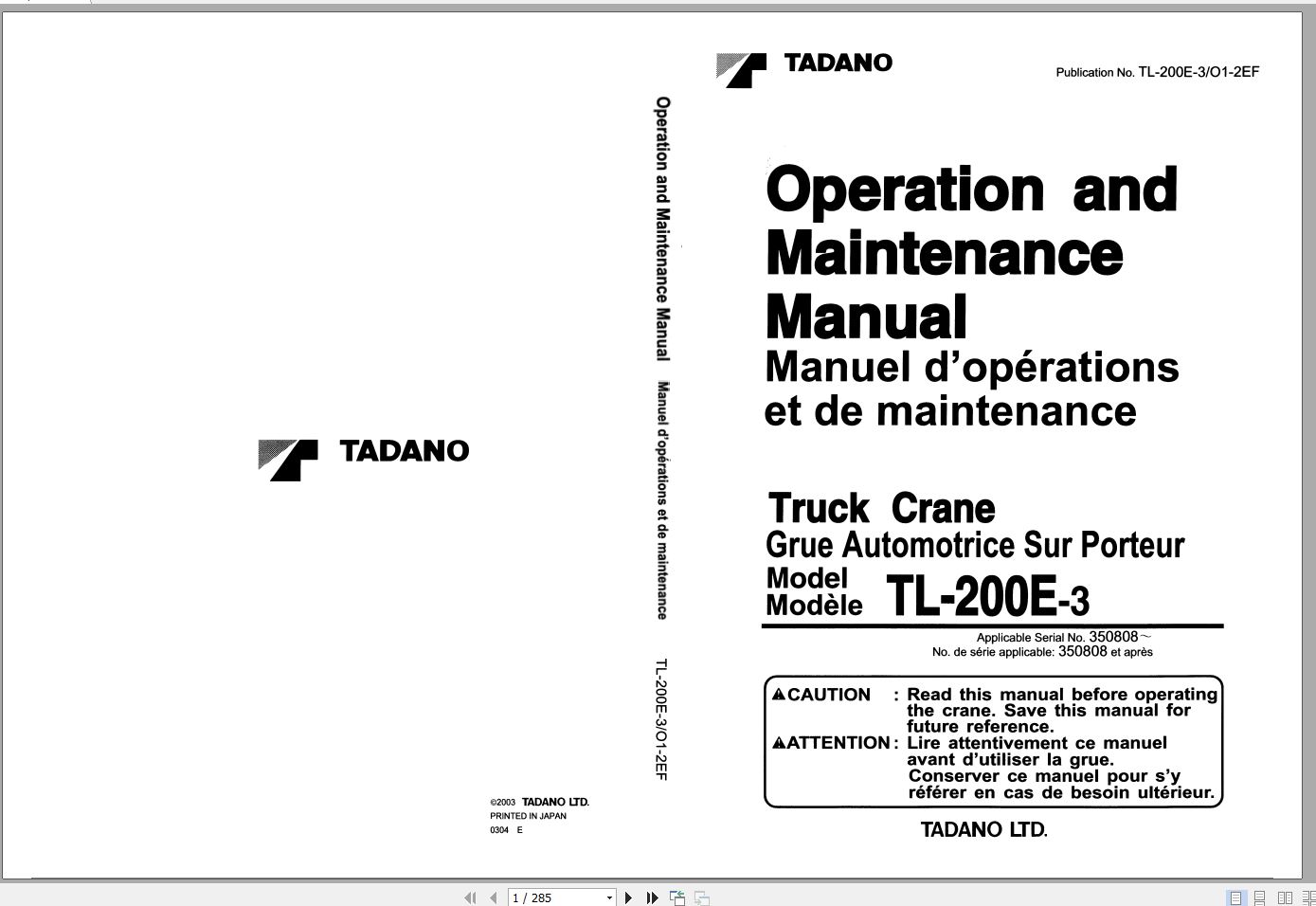 Tadano Truck Crane TL 200E 3 350808 Operation Manual 1999 EN FR 1