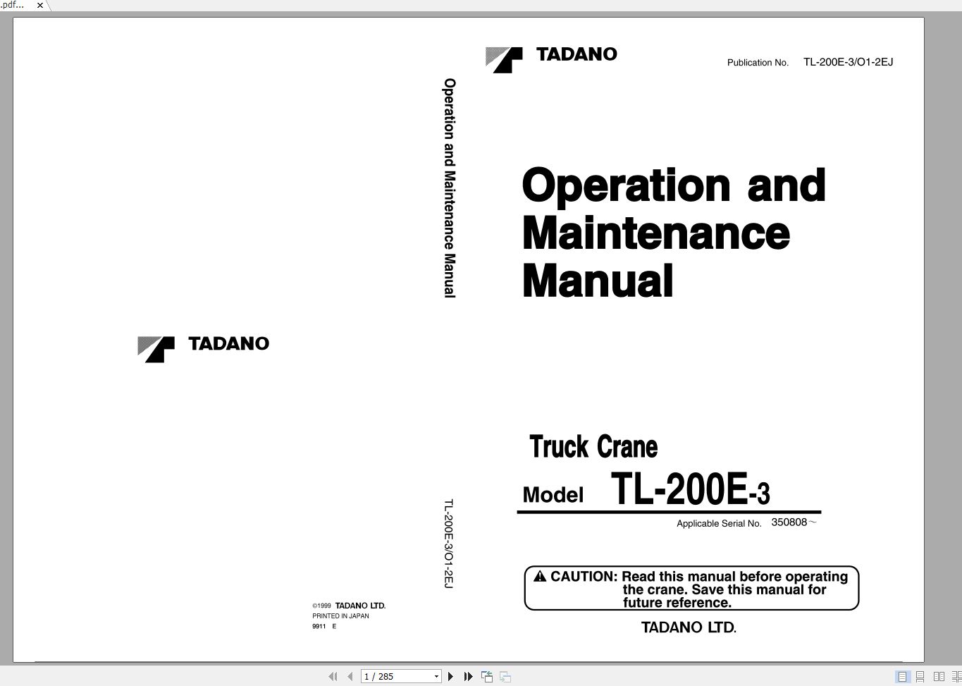 Tadano Truck Crane TL 200E 3 350808 Operation Manual 1999 EN JP 1