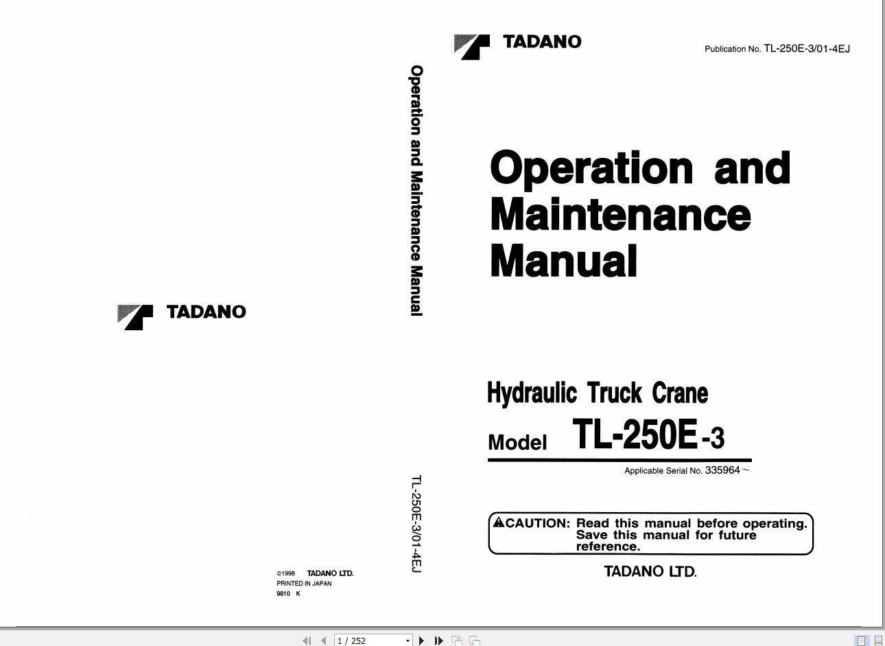 Tadano Truck Crane TL 250E 3 335964 Operation Manual 1998 EN JP 1