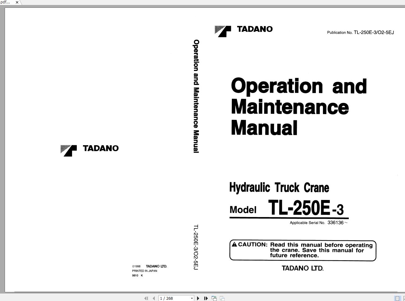 Tadano Truck Crane TL 250E 3 336136 Operation Manual 1998 EN JP 2