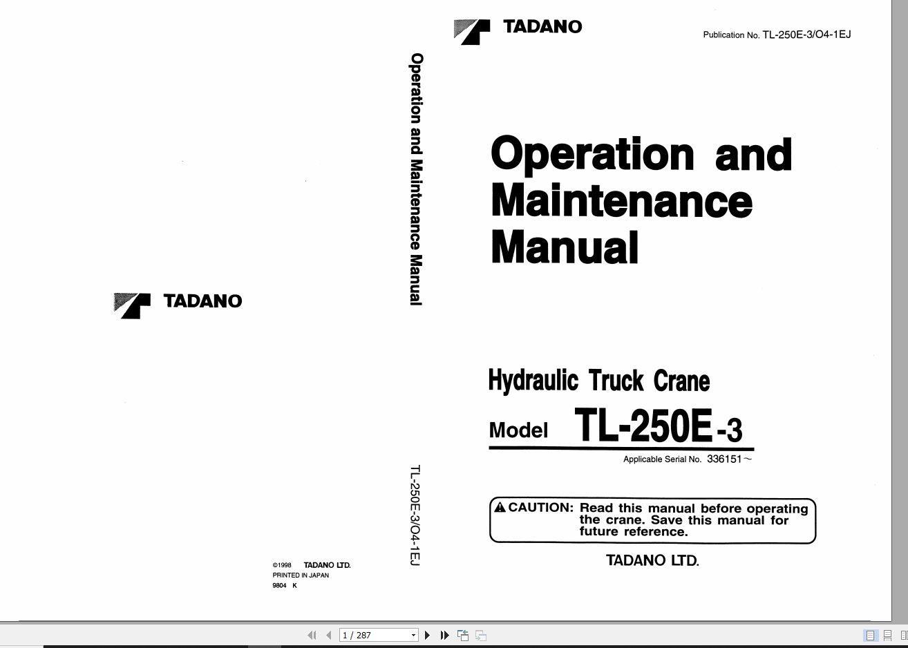 Tadano Truck Crane TL 250E 3 336151 Operation Manual 1998 EN JP 1