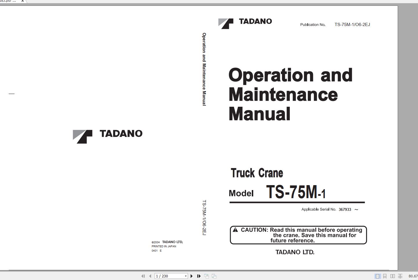 Tadano Truck Crane TS 75M 1 367933 Operation Manual 2004 EN JP 1
