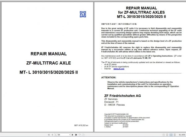 ZF Multitrac Axle MT L 3010 3015 3020 3025 II Repair Manual 50940485 2015 1
