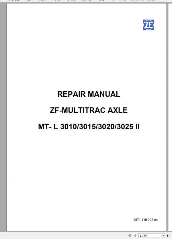 ZF Multitrac Axle MT L 3010 3015 3020 3025 II Service Manual 50940485A 1