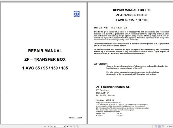 ZF Transfer Box 1 AVG 65 95 150 185 Repair Manual 50940523 1