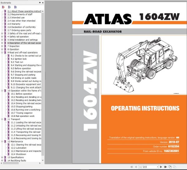 Atlas Rail Road Excavator 1604ZW Operating Instructions 1