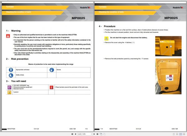 Haulotte Diesel Scissor Lift H12 H15 H18 HS3388 HS4388 HS5388 RT SX XL SXL Maintenance Book 4001077020 01.2020 1
