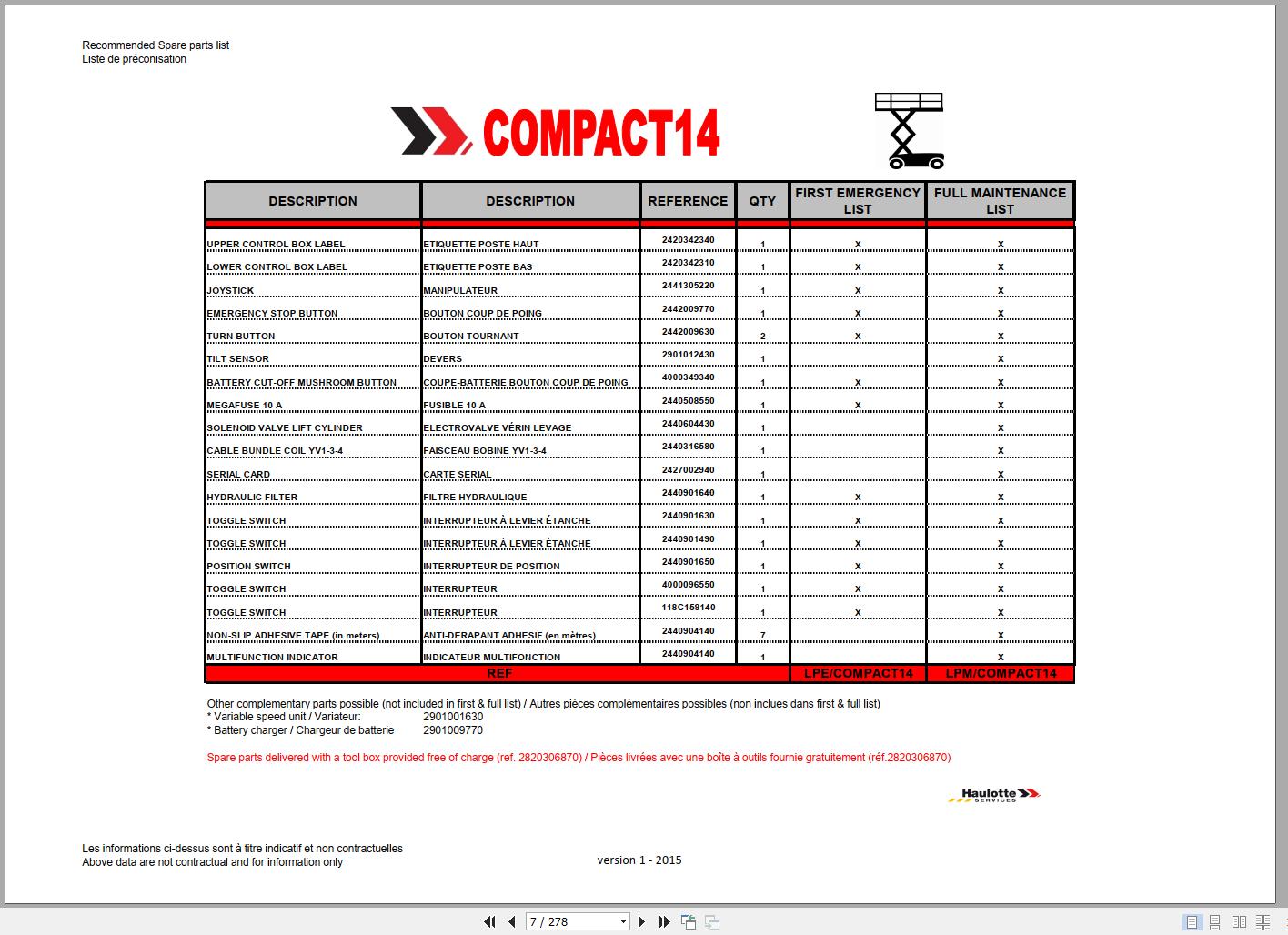 Haulotte Electric Scissor Lift Compact 14 3947E Spare Parts Catalog 2420341680 07.2015 EN FR
