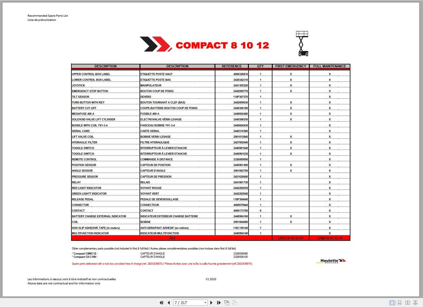 Haulotte Electric Scissor Lift Compact 8W 2047E 12 3347E Spare Parts Catalog 4000510290 02.2015 EN FR