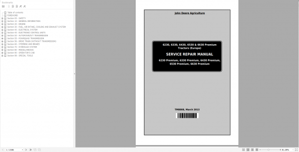 John Deere Premium Tractors 6230 6330 6430 6530 and 6630 Premium European Service Repair Manual 1