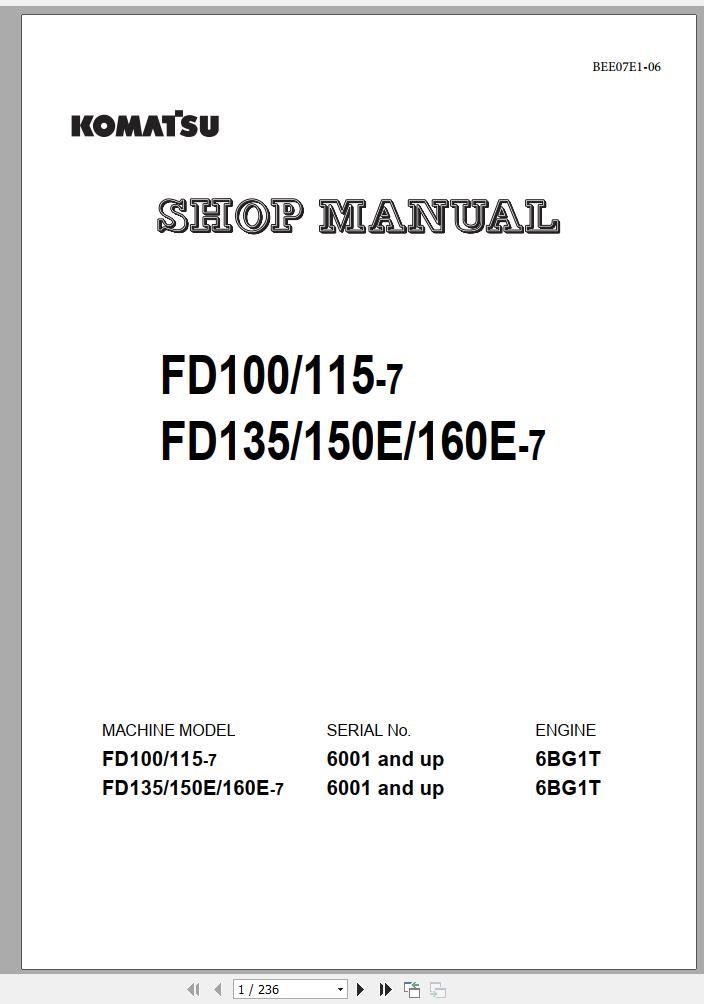 Komatsu Forklift Truck FD100 7 6001 up Shop Manual BEE07E1 06 1