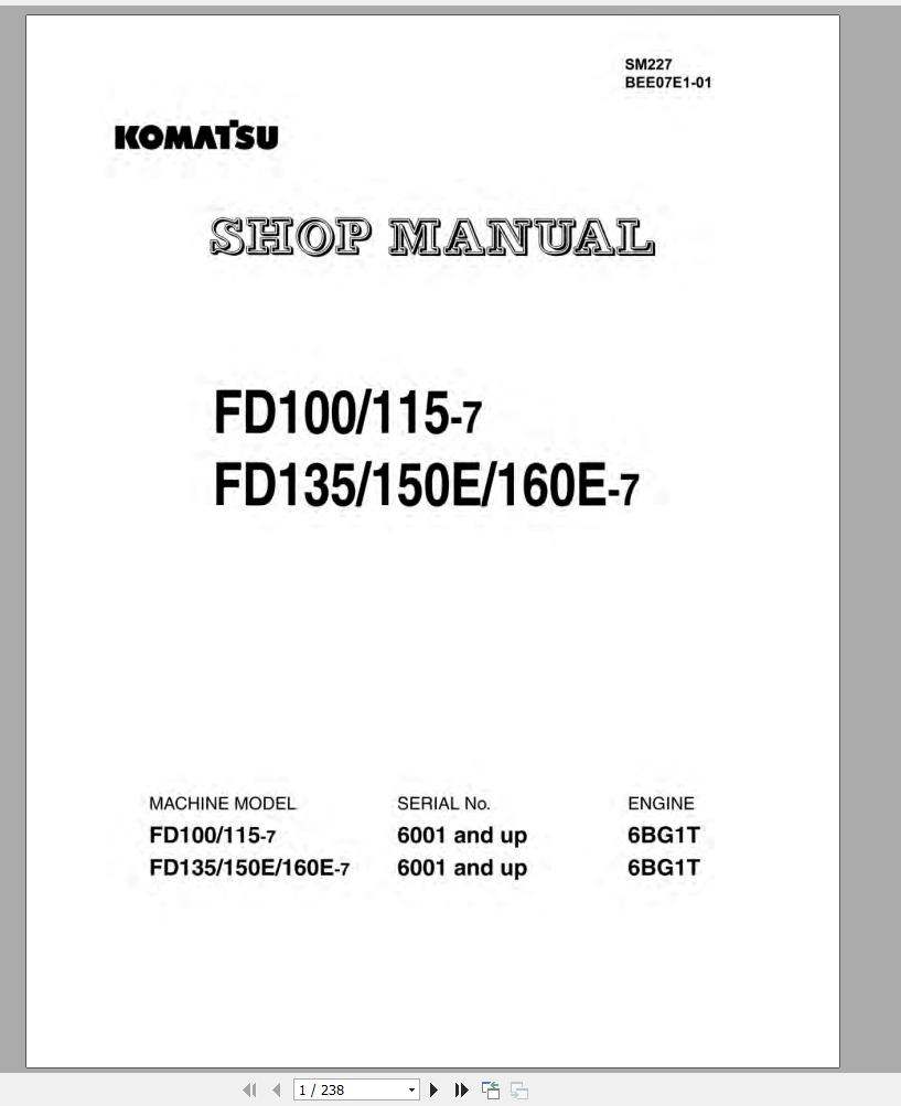 Komatsu Forklift Truck FD100T 7 6001 Shop Manual SM227 1